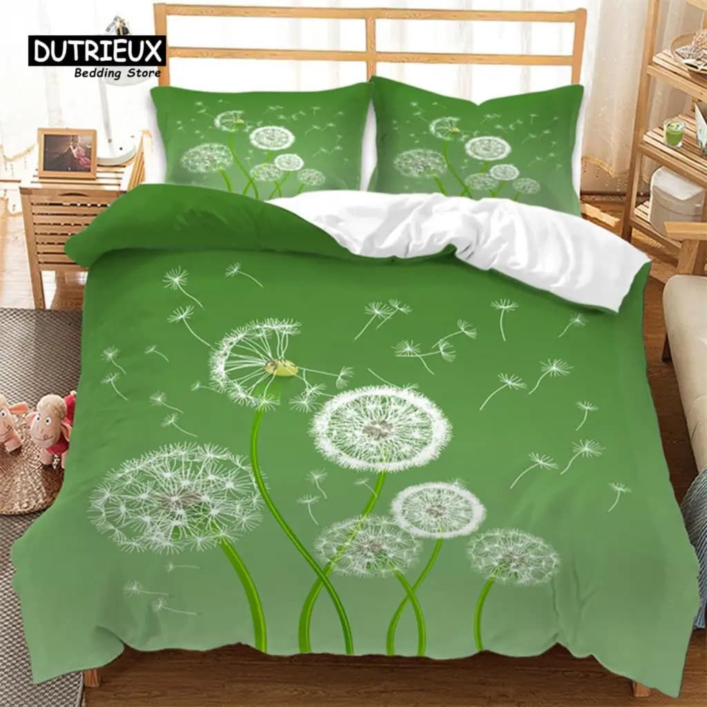 Set copripiumino con tarassaco Set letto con foglie da giardino con ramo verde primaverile Set copripiumino botanico in microfibra Arredamento camera da letto king size