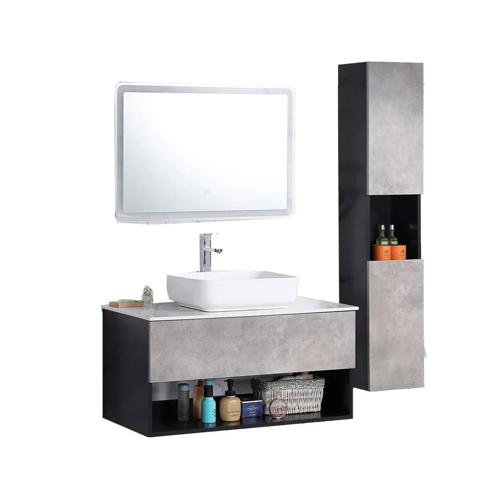 z Mobile da bagno moderno in legno sospeso a parete per WC, lavabo a mano, con specchio luminoso