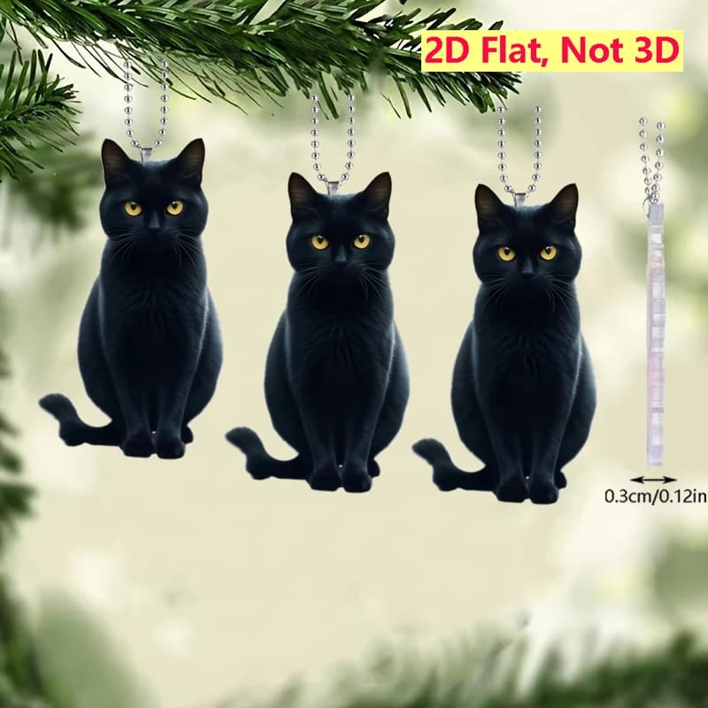 Decorazione Acrilica 2D Piatta a Forma di Gatto Nero, Set da 3 Pezzi, Ciondolo per Albero di Natale, Accessorio per Zaino, Decorazione per Specchietto Retrovisore