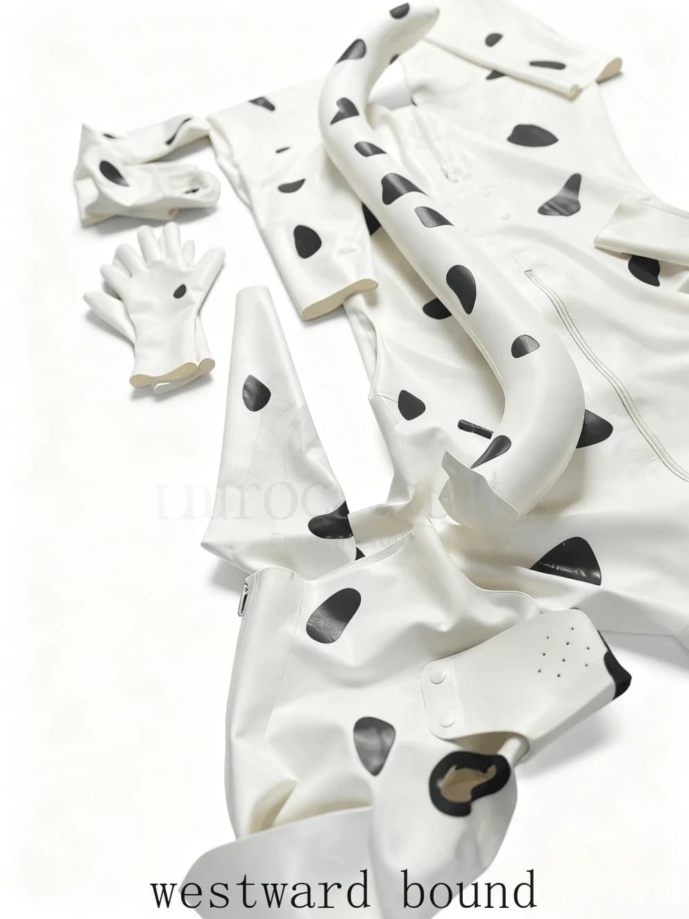 set di costumi in lattice bianco catsuit di gomma personalizzato con punti neri guanti di coda accessori abbigliamento da club cosplay ispirato agli animali