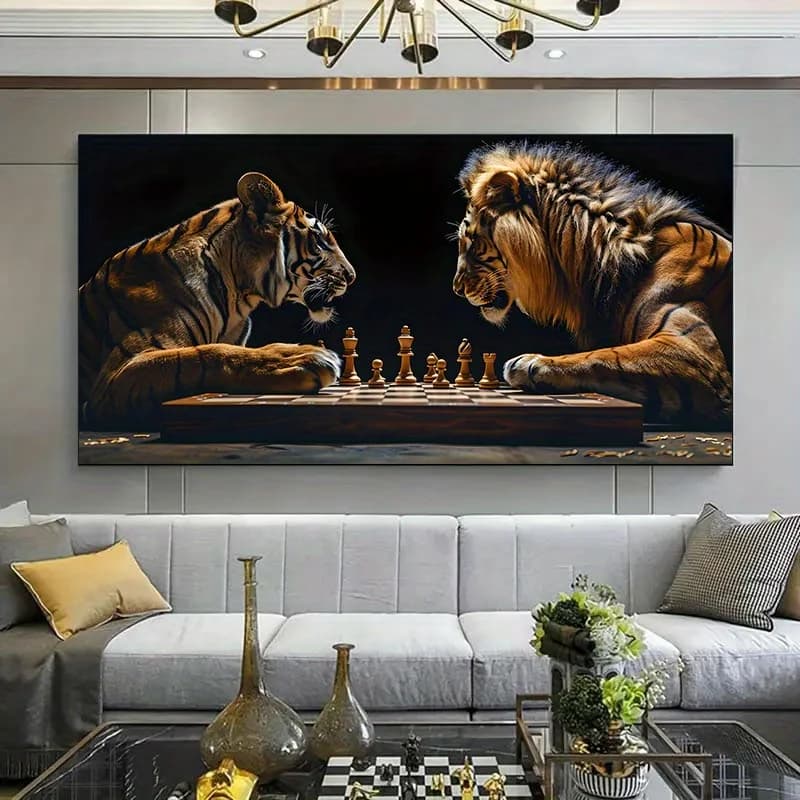 Large Frameless Canvas Art | Majestic Tigers and Lion Chess Scene, Modern Wall Decor for Living Room and Bedroom, Intricate Anim