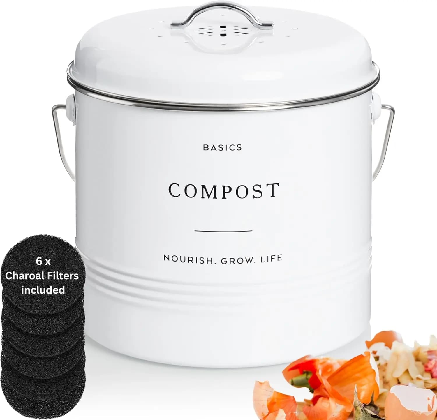Contenitore per compost da appoggio da 1,3 galloni con coperchio - Secchio per rottami di cibo per interni inodore con 6 filtri al carbone - Bianco facile da pulire