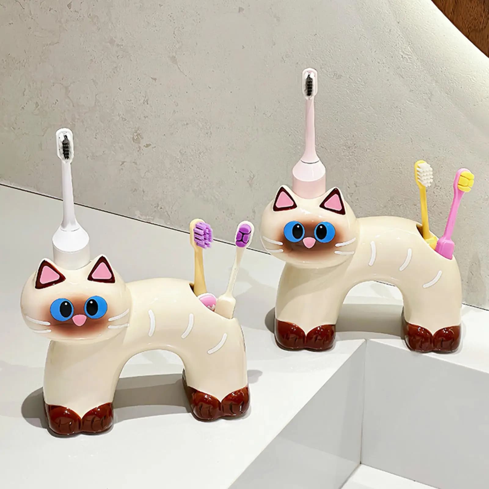Cat-Shape Ceramic Toothbrush & Toothpaste Holder 2-Hole Stand for Bathroom Counter Vanity Sink, Cute Home Decor
