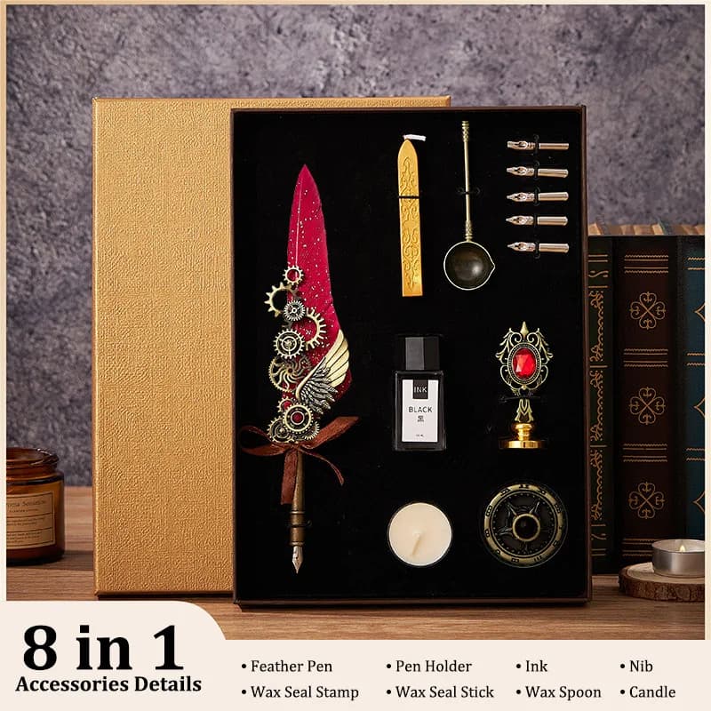 8pcs Machine Feather Pen Set,Wax Seal Stamp&Stick,Replaceable 5 Nib,Creative Quill Writing Artist Calligraphy Signature Pen 7004