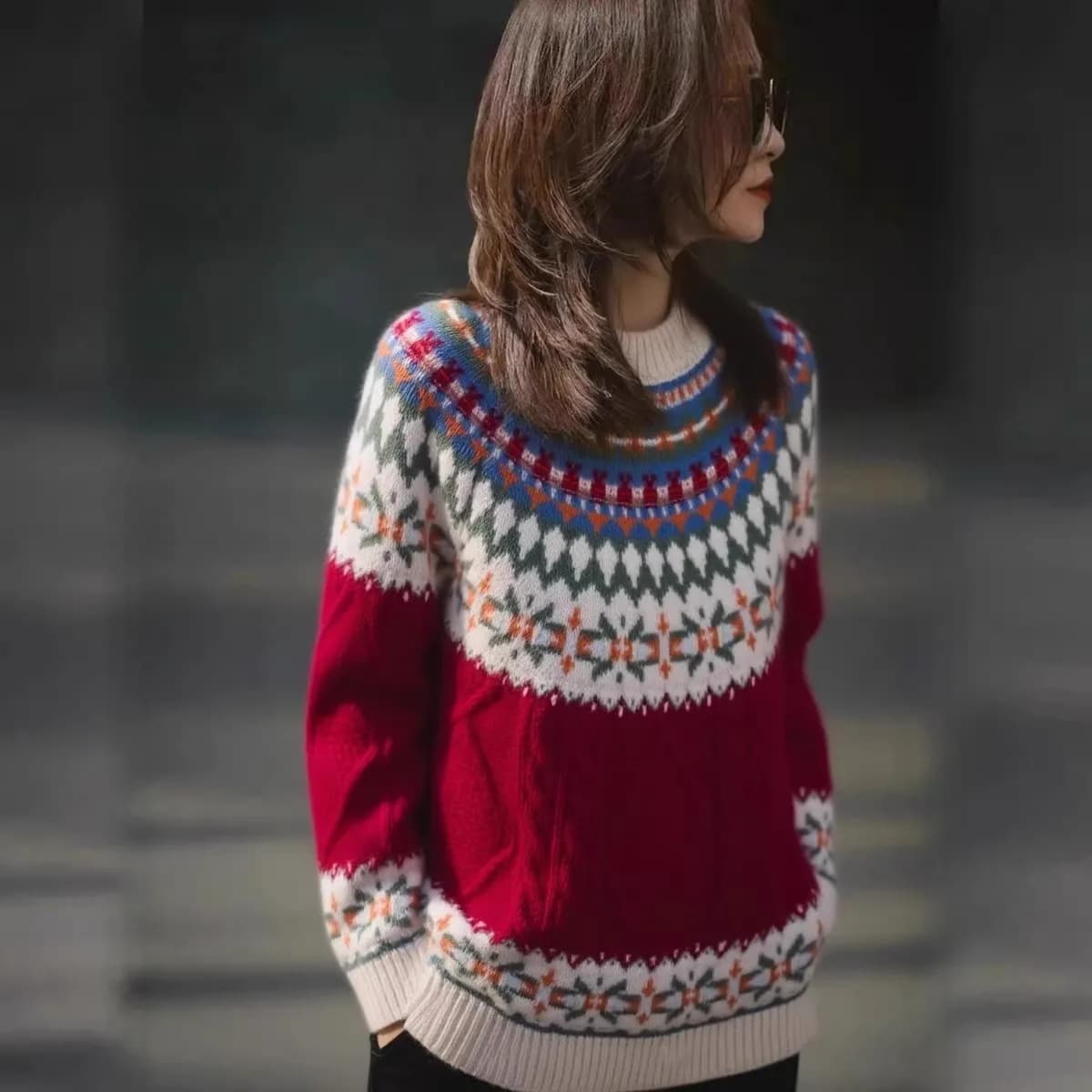 Jacquard girocollo 100% lana maglione lavorato a maglia pullover da donna strato base maglione maglione sciolto a maniche lunghe