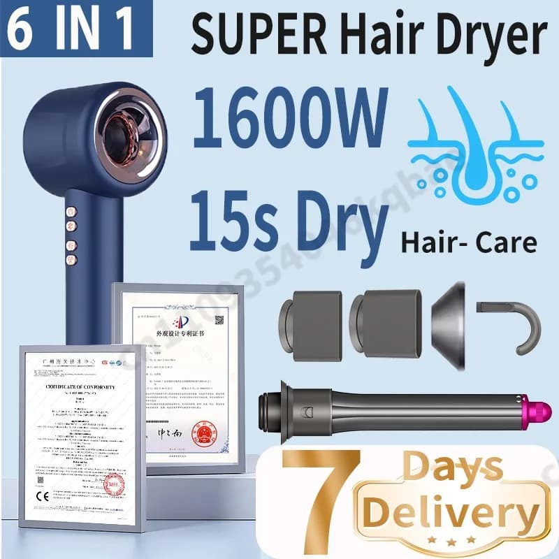 6 IN 1 Super Hair Dryer High-Speed Negative Ions Blow Dryer Gift For Women 1600W Fast-dry Hairdryer For Home Gym Or Travel