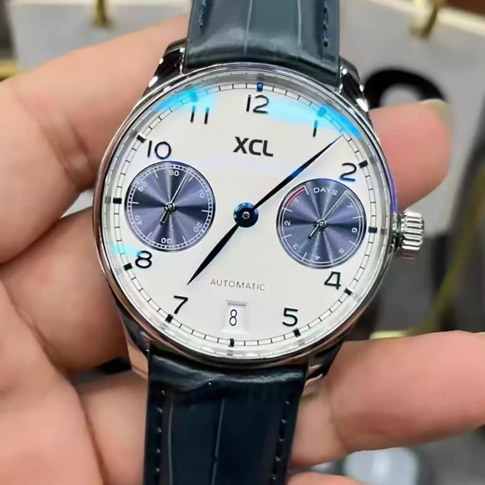 Automatic Luxury Men's Watch 2026, Stainless Steel, With Blue Leather Strap Portugal and White Dial With Date