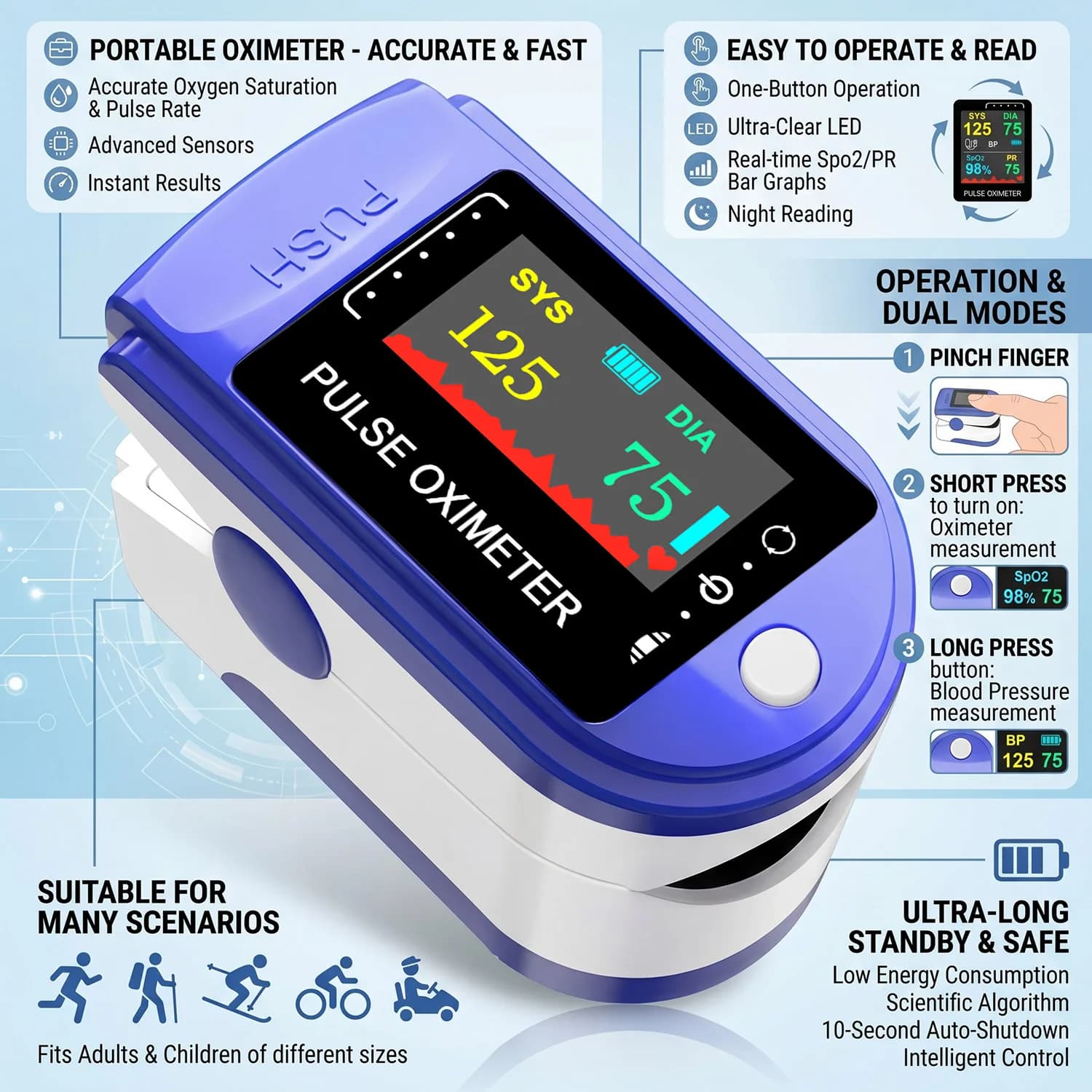 Oxygen Saturation Meter Pulse Meter Finger Clip Pulse Oximeter Digital Fingertip Pulse Oximeter Blood Pressure Monitor