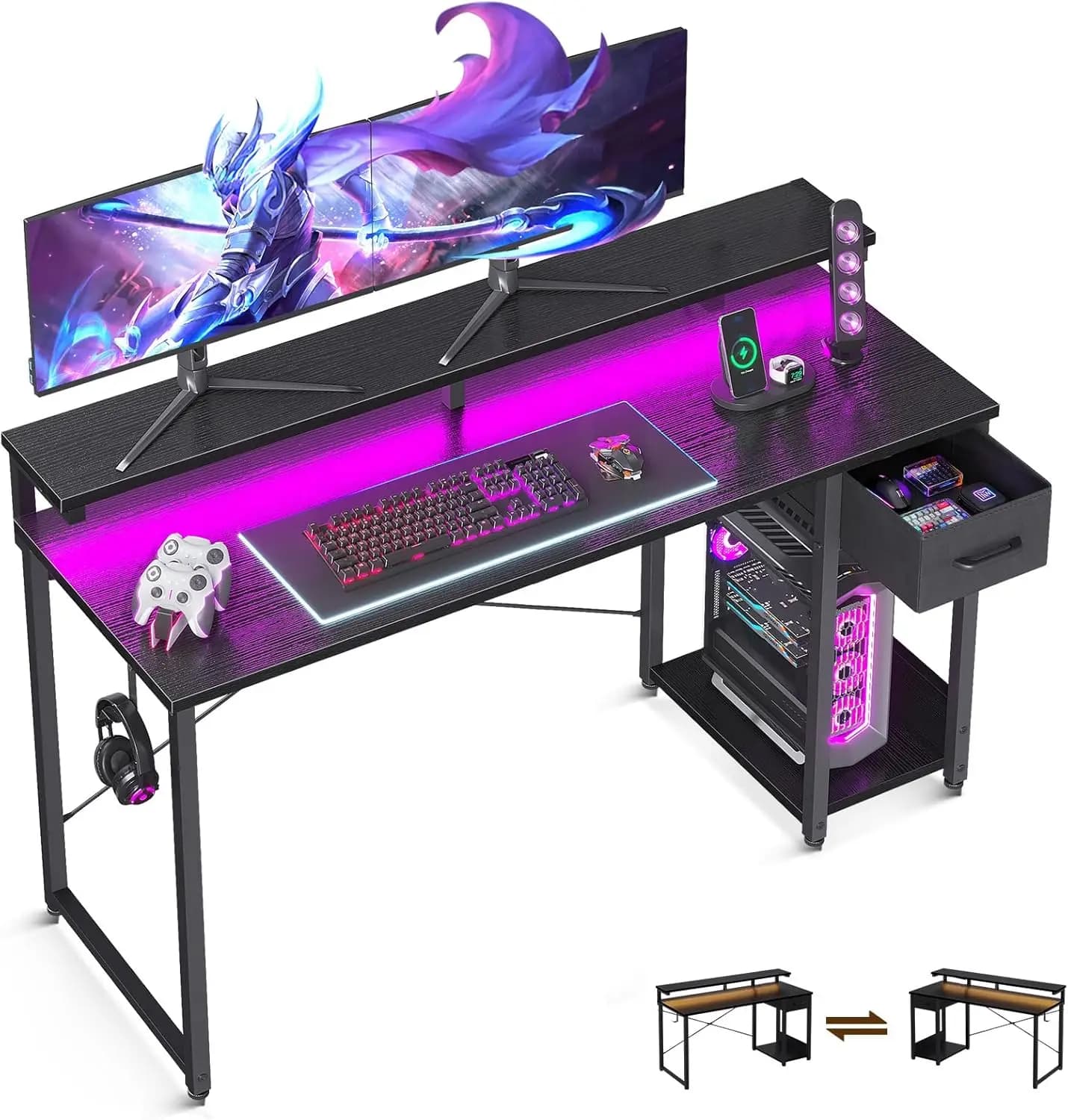Scrivania da Gaming con Luci LED, Scrivania per Computer da 55 Pollici con Cassetti, Scrivania Piccola Reversibile con Supporto Monitor e Gancio per Cuffie