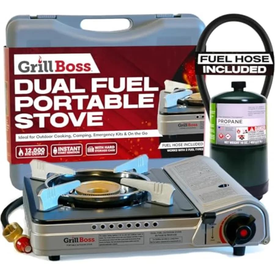 Grill Boss Stufa da campeggio a doppio combustibile - Stufa portatile da 12000 BTU per campeggio Sopravvivenza di emergenza BBQ all'aperto Escursionismo e zaino in spalla wi