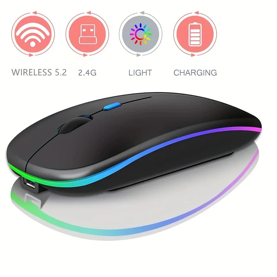 Mouse ricaricabile wireless ultrasottile con illuminazione a LED, doppia modalità (BT e 2.4G), compatibile con iPad, laptop, PC, Mac, Windows