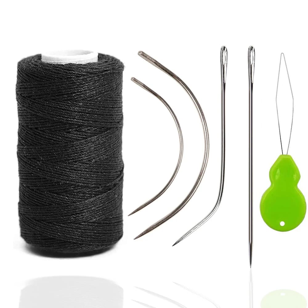 Ago e filo per estensioni dei capelli 1 rotolo di filo per cucire per tessuto dei capelli con 4 aghi curvi a forma di CJ I e 1 ditale Neele