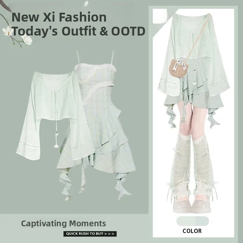 Summer Outfit 2026 New Dopaamine Shirt Top with Slimming Dress Two-Piece Set for Trendy Girls Long A-Line Skirt U-Neckline So...