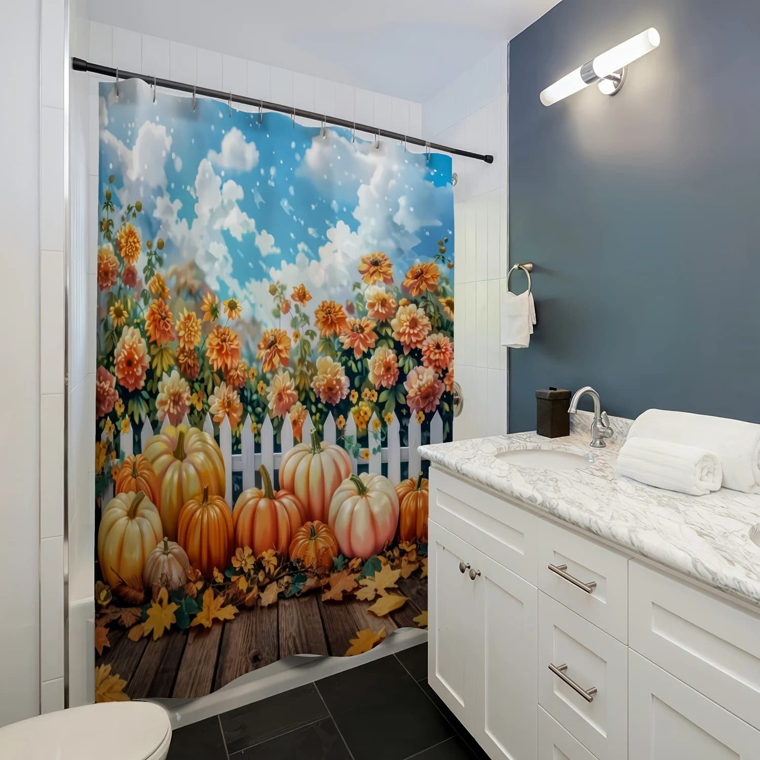 Tenda da doccia con stampa digitale con motivo zucca autunnale, decorazione per il bagno, decorazione per la casa