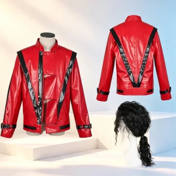 2026 Michael Jackson Cosplay Costumes Wig Red Leather Jacket for Thriller Cosplay Halloween Adults