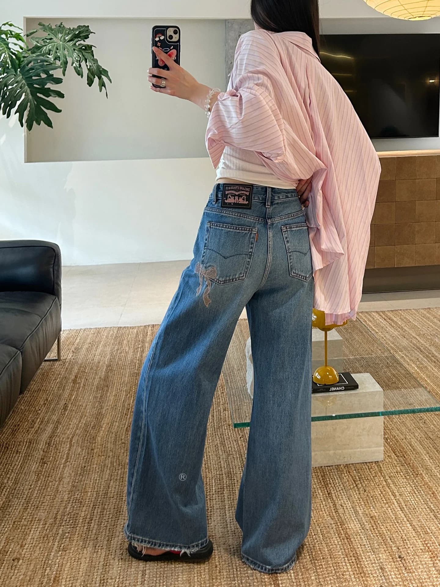 High Waist Straight Leg Denim Jeans Women's Summer Knot Embroidery No Stretch Frayed Wide Leg Pants Commute Style