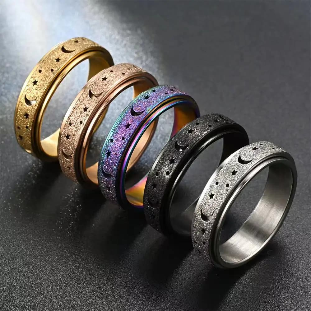 Anelli Antistress alla Moda con Luna e Stella Arcobaleno per Donne e Uomini, Anello Girevole in Acciaio Inossidabile per Alleviare l'Ansia e lo Stress