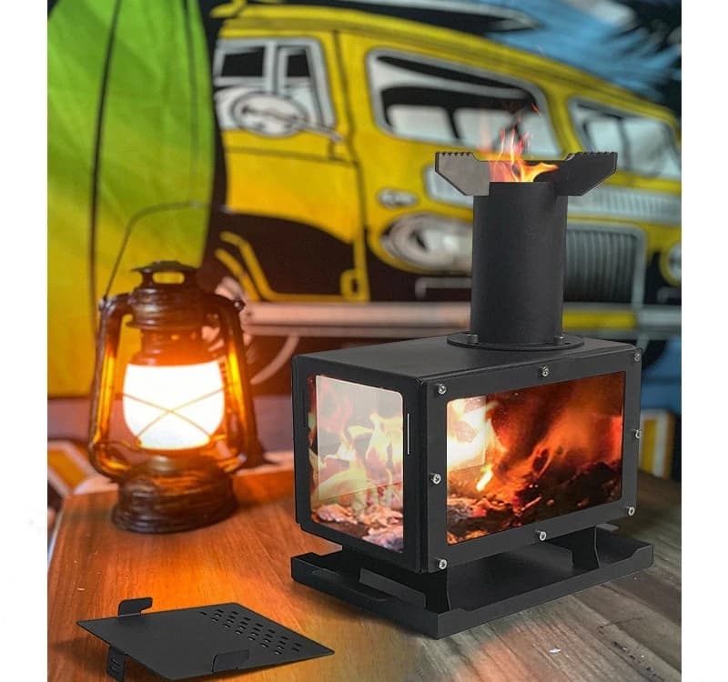 Stainless Steel Portable Tabletop Wood-Burning Stove with Glass Heater for Camping and Outdoor Use