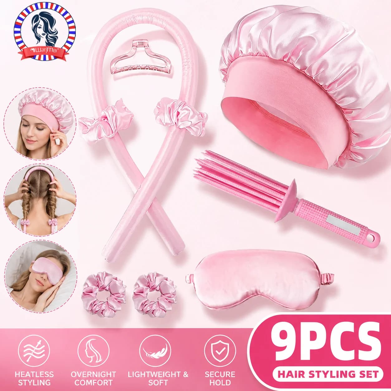 Set of 9 No Night Curly Hairslippers, with Satin Headphones, Mask Eyes and Detachable Brush - Styling Kit for Hairs Without Damage