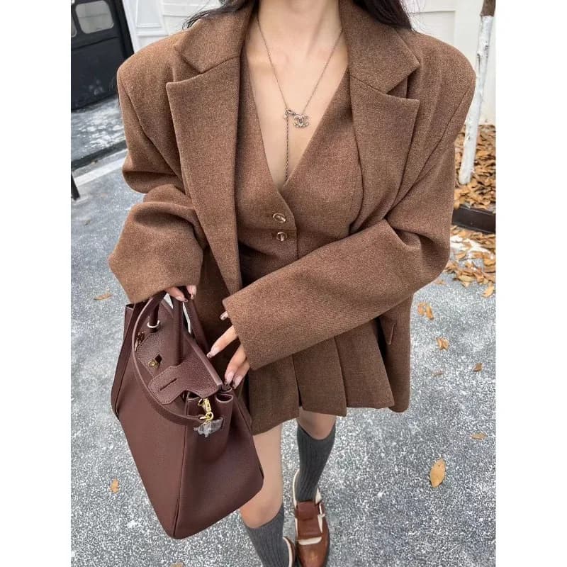Shpmishal Set Tre Pezzi di Alta Gamma: Giacca Autunnale alla Moda + Gilet con Scollo a V + Gonna Plissettata, Abbigliamento Femminile
