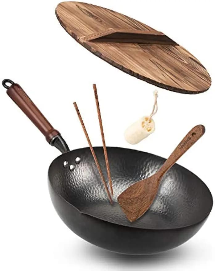 12.5" carbon steel Wok pan with lid, flat bottom for all stoves, durable frying pans set