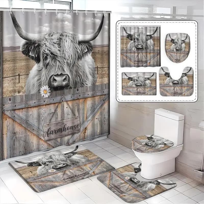 Set di 1/3/4 Pezzi con Mucca delle Highland scozzese creativa, con elementi in stile country, pelliccia soffice e grandi corna, con un motivo pastorale/agricolo come sfondo, set di tende da doccia per il bagno, disponibile in due misure, include 12 ganci, copriwater e tappetino, tenda da doccia impermeabile in poliestere, un must per l'arredamento della casa, regalo ideale per amici e famiglia.