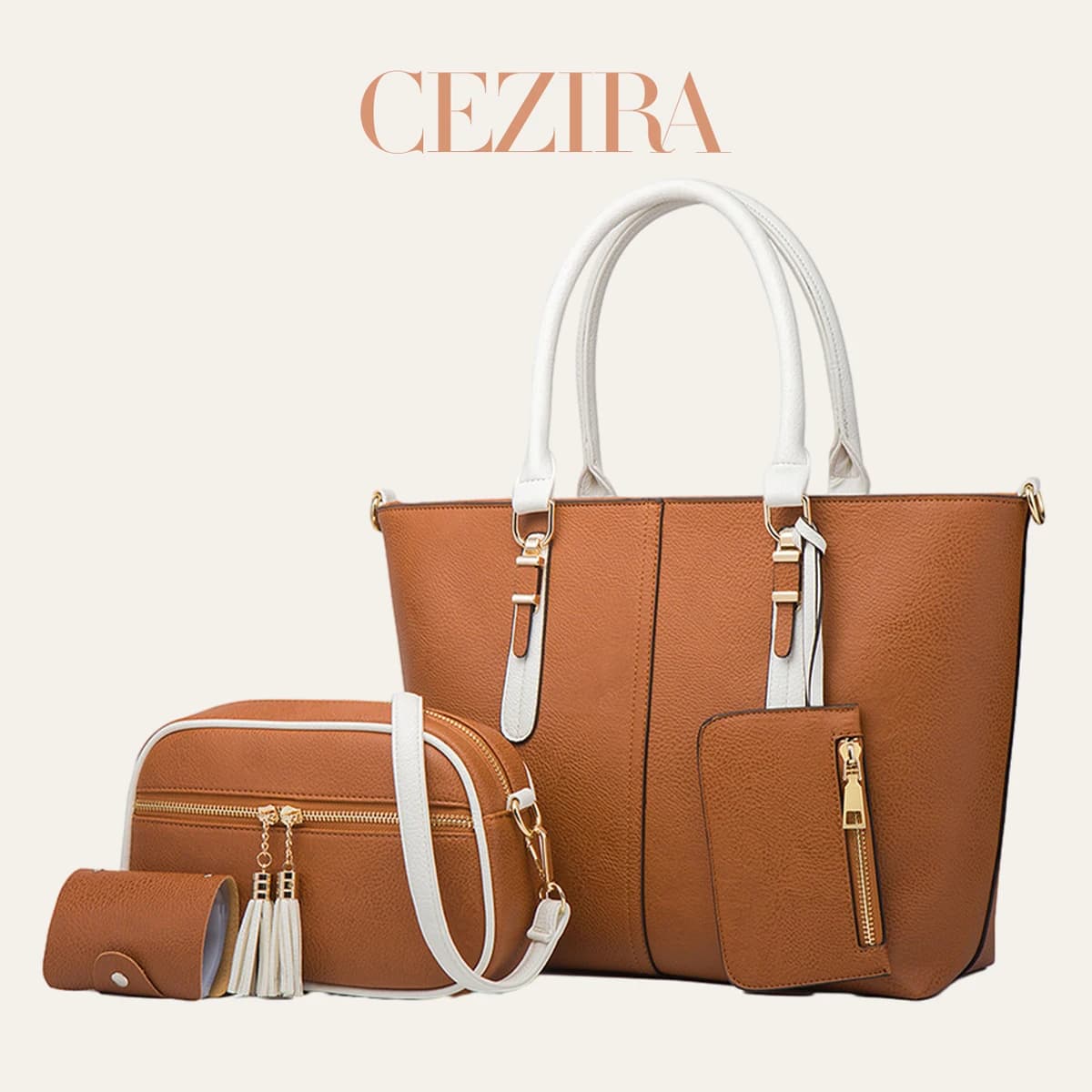 CR Women PU Vegan Leather Contrast Color Handbag Set Fashion Tote Shoulder Crossbody Bag Clutch Wristlet Purse Cardholder Casual