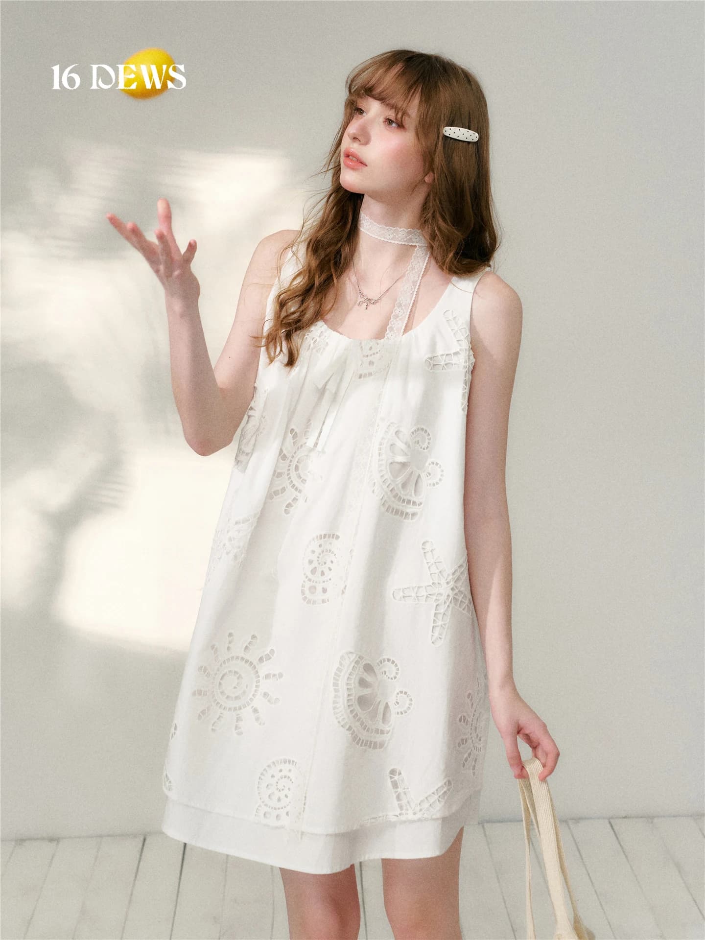 Abito smanicato da donna 16DEWS Ocean Hollow out A-Line, stile vacanza, snellente, gonna corta, casual, con scollo rotondo.
