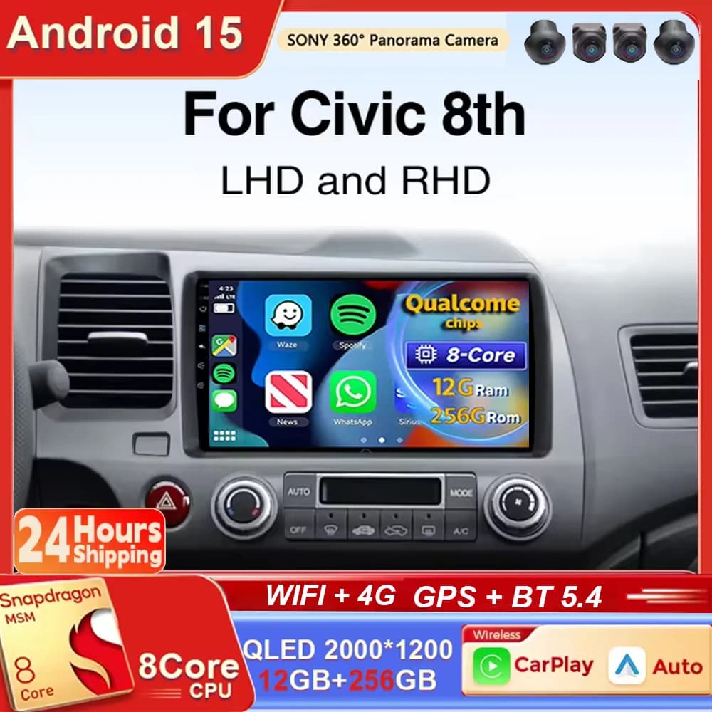 Per Honda Civic 8a Generazione 2005-2011, Autoradio Android 15 con Carplay, GPS, Navigazione, Lettore Multimediale 2Din