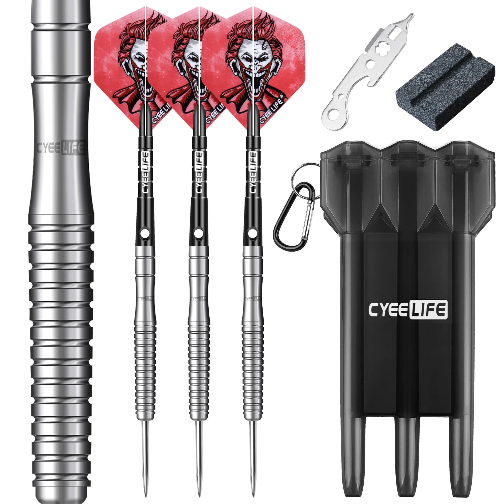 CyeeLife Freccette con punta in acciaio al tungsteno al 90% 23 g con custodia, aste in alluminio + affilatrice + strumento, per set di freccette Competition Pro