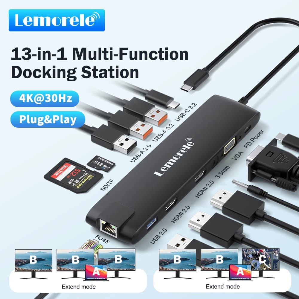 Lemorele Hub USB 13 IN 1 4K da USB C a doppio HDMI VGA RJ45 Docking Station Gigabit Adattatore USB 3.0 Lettore di schede SD per laptop macOS