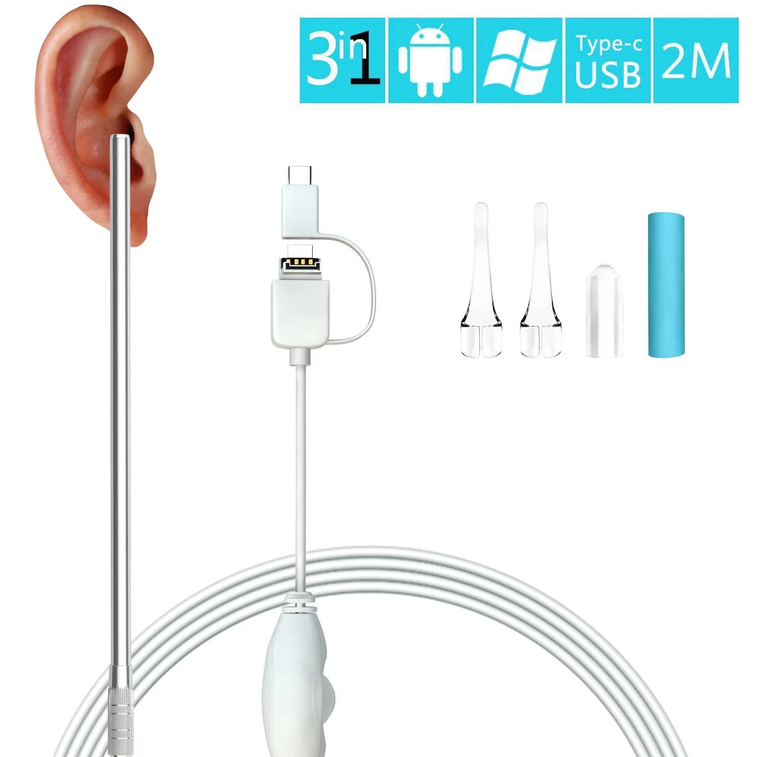 Otoscope Video 3 in 1 for Cleaning Eyes, Endoscope Veterinary, 5.5mm USB Camera for Android Phone, Medical Otoscope for Children
