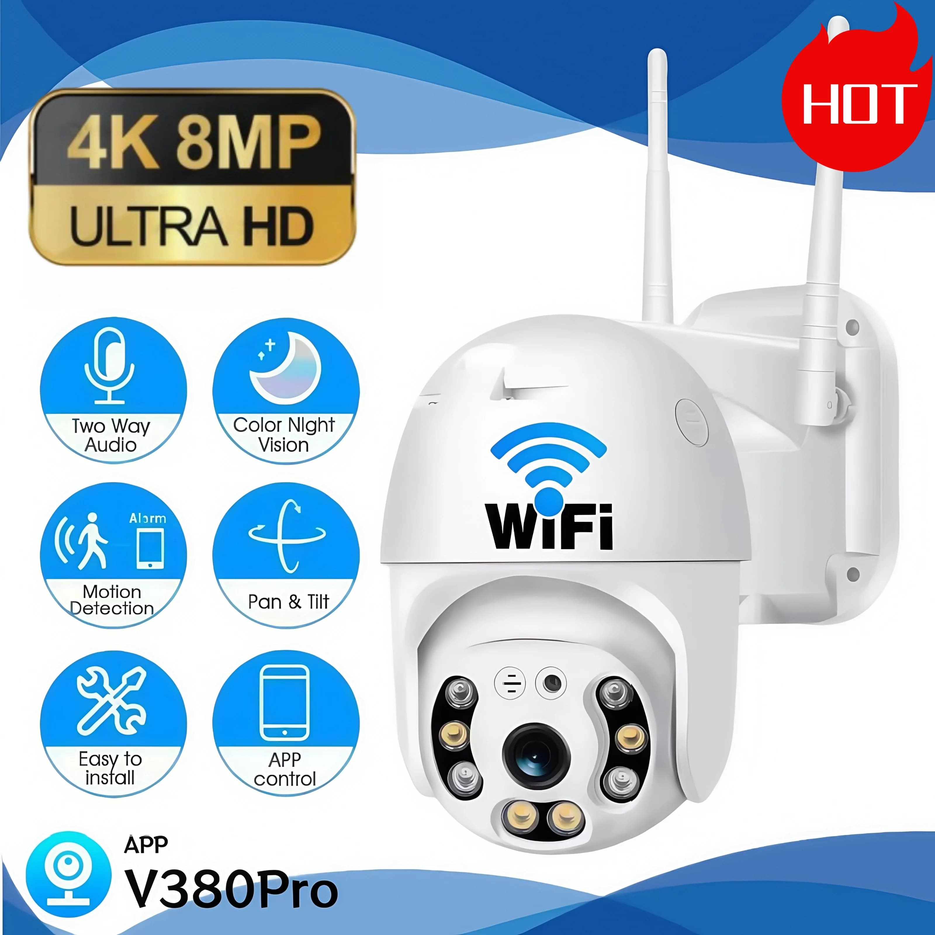 V380 Pro 4K 8MP outdoor WiFi camera, smart IP video surveillance for home security, color night vision, CCTV.