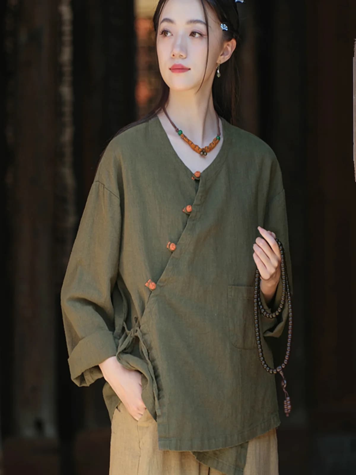 Retro Button up Cotton Linen Short Coat Women's Spring Autumn Travel Photography Belted Jacket V Neck Loose Fit Top