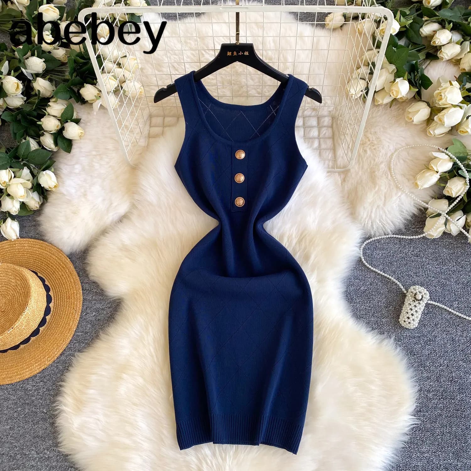 Women's Sleeveless Knit Bodycon Dress Navy Blue U Neck Tank Dress Gold Buttons Elastic Stretch Fabric for Party Sundress Outfits