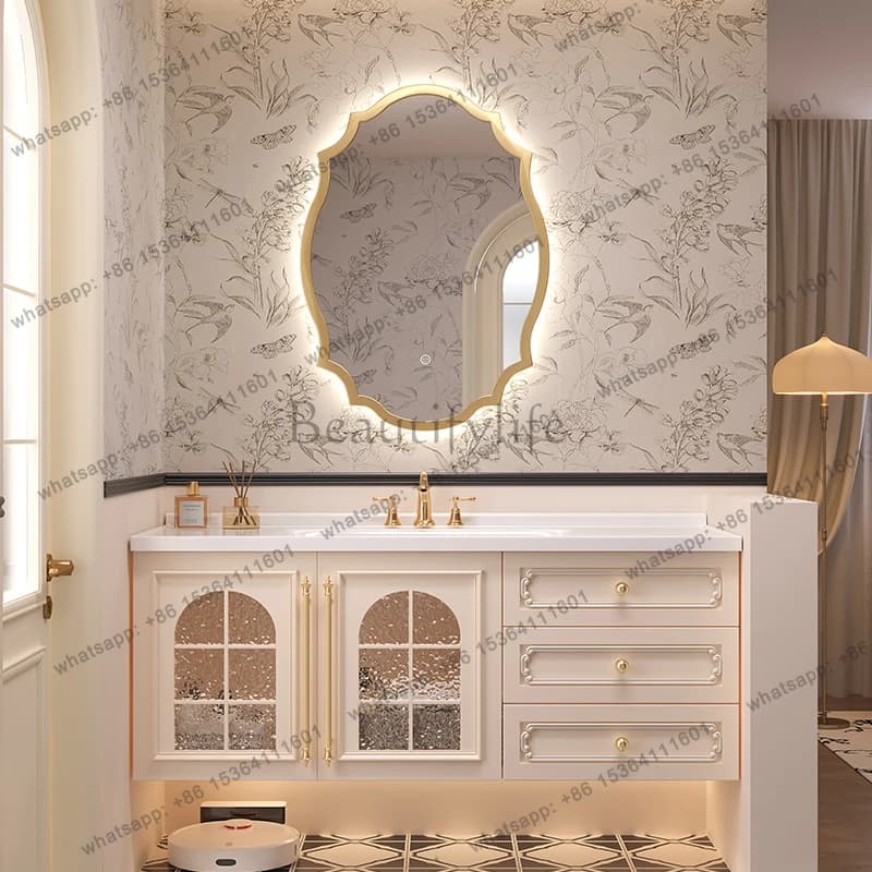 Mobile Bagno Sospeso Rustico con Rubinetto, Armadietto Moderno in Legno con Specchio, Mobile Bagno Stretto e Intelligente