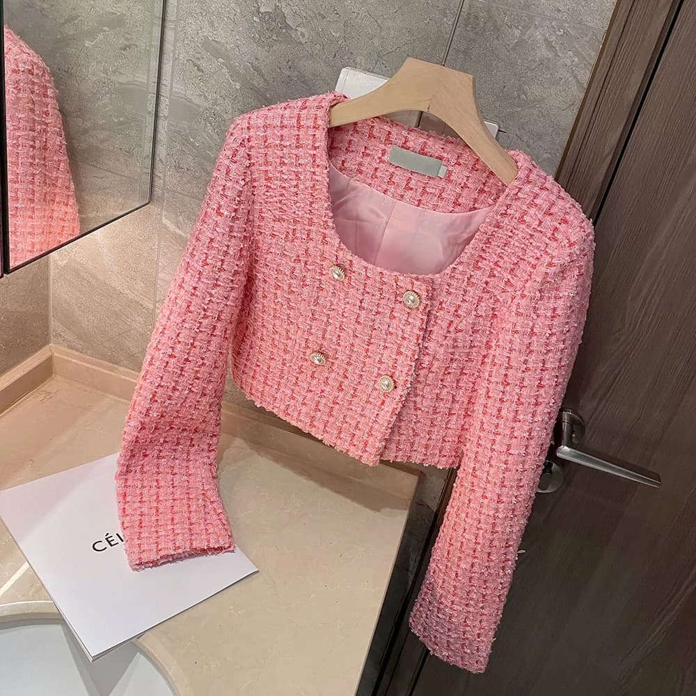 Pink Tweed Jacket Women 2025 Spring Runway Square Neck Pearl Button Coat Ladies Elegant Korean Style Fashion Crop Jackets Tops