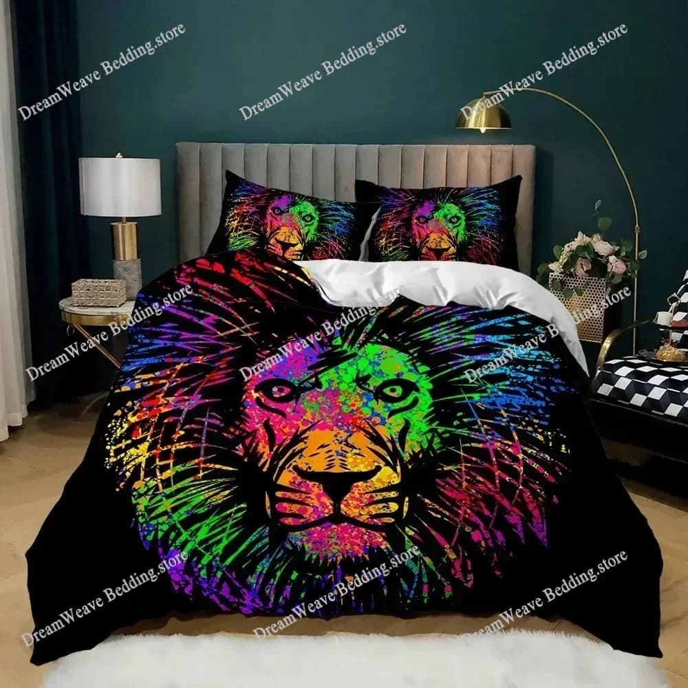 Set Copripiumino 3D con Stampa Leone, Animali Selvatici Colorati, Misura King e Queen per Bambini, Adolescenti e Adulti, Set Biancheria da Letto in Poliestere, Regalo di Lusso 963