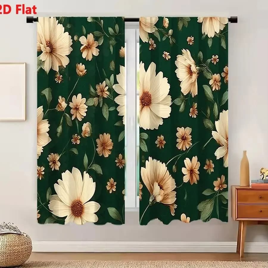 2Pcs Curtains 2D Flat Seamless Floral Pattern With Cream And Tan Flowers On Dark Green Background Window Drapes for Bedroom Room
