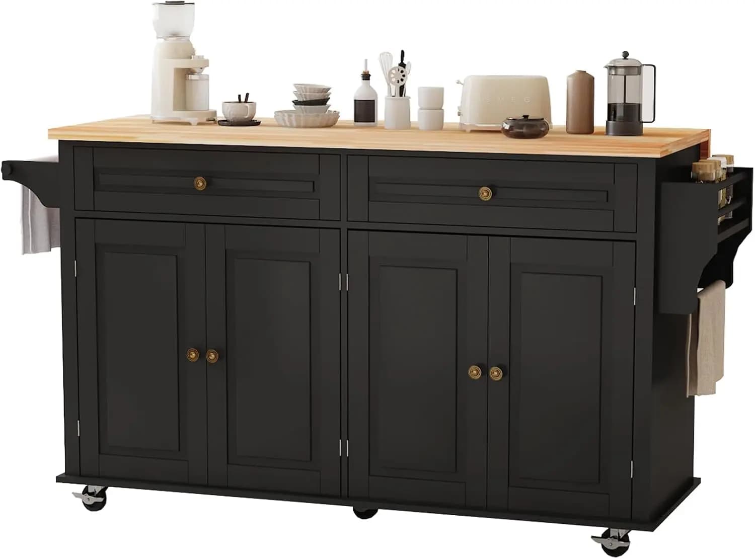 Kitchen Island Cart with Drop Leaf Breakfast Bar, Rolling Storage Cabinet Drawer Spice Towel Rack, Black, Customized