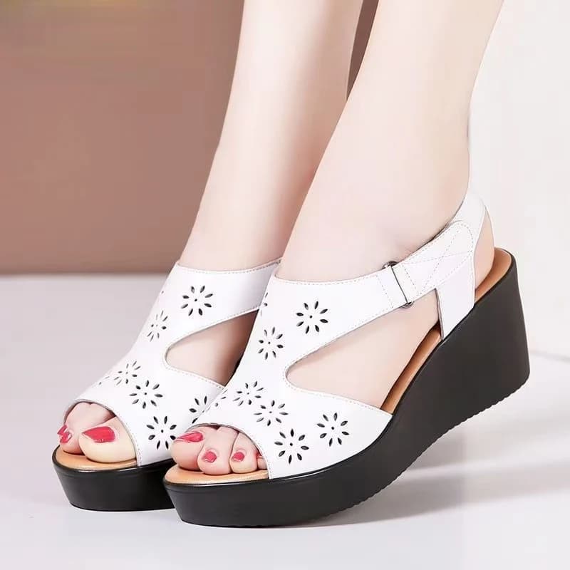 Sandali aperti con zeppa in pelle da donna Sandali aperti con punta aperta Estate Nuova suola spessa antiscivolo Sandali con tacco alto in velcro leggero Sandali da spiaggia