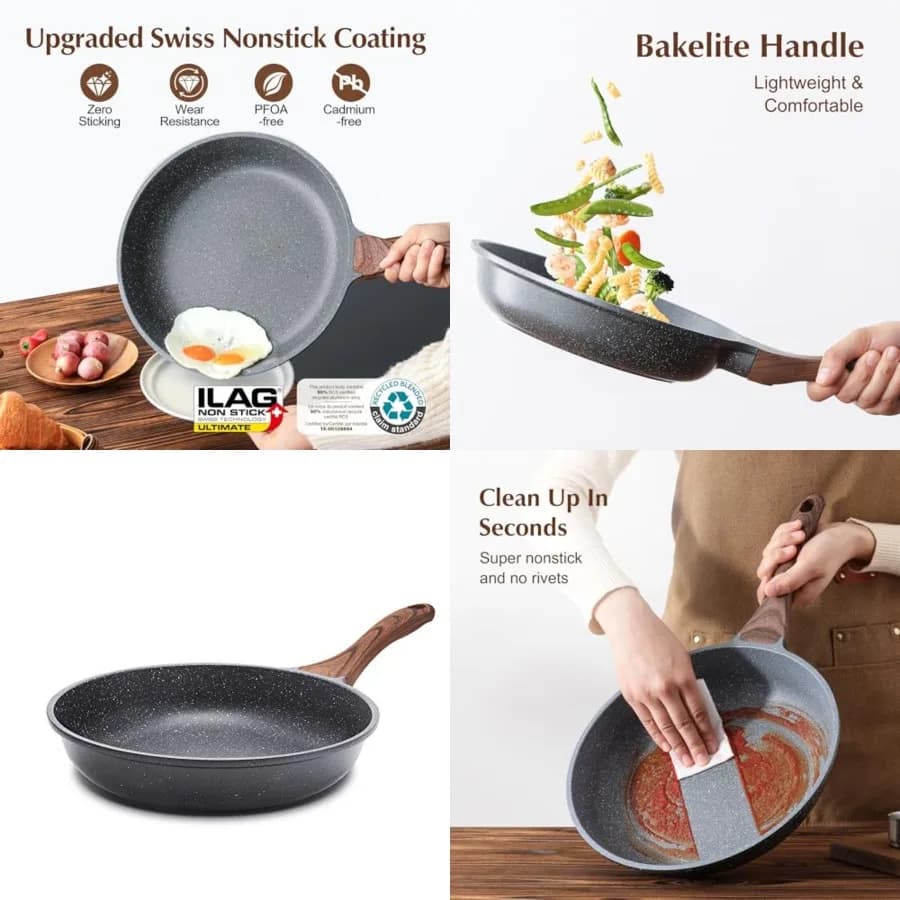 Set di 5 Padelle Antiaderenti, Padella per Omelette con Rivestimento in Granito Svizzero, Pentole in Pietra Salutari, Senza PFOA