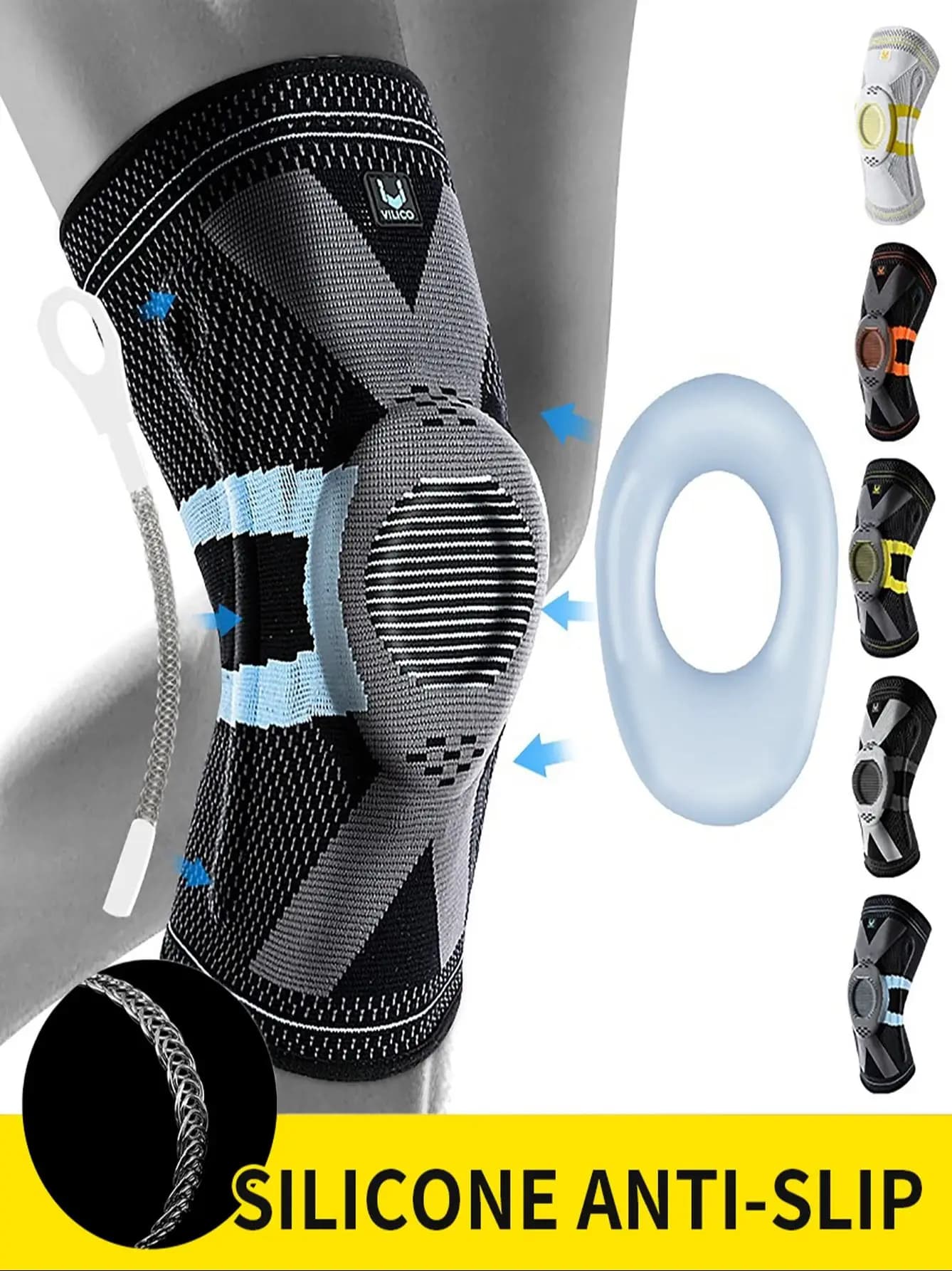 Supporto per Ginocchio in Silicone con Fascia Elastica, Protezione Mediale della Rotula, Compressione Forte del Menisco, Cuscinetti Sportivi per Corsa e Basket