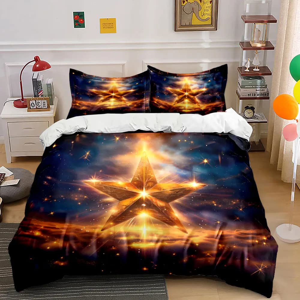 Set di biancheria da letto Golden Starry Night Decor Set con 1 copripiumino e 2 federe, singolo, matrimoniale, king, queen, regalo