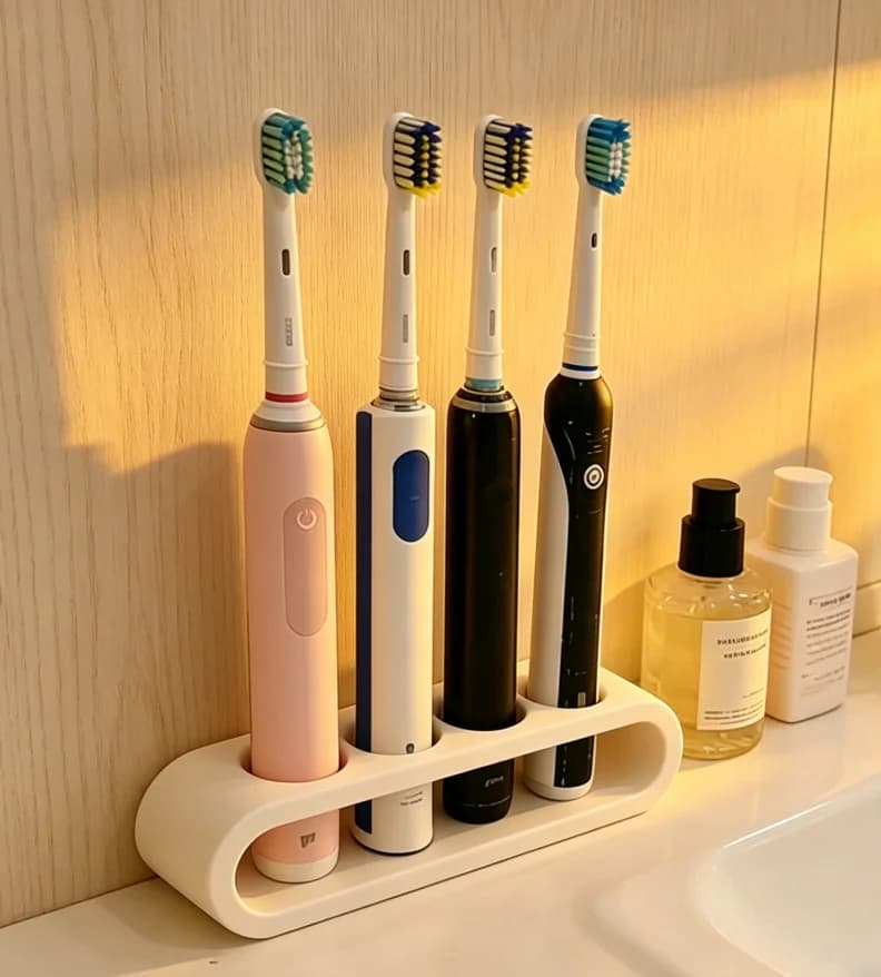 Portaspazzolini Elettrico a 4 Scomparti da Parete, Senza Foratura, Organizzatore per Bagno, Mensola Porta Spazzolini