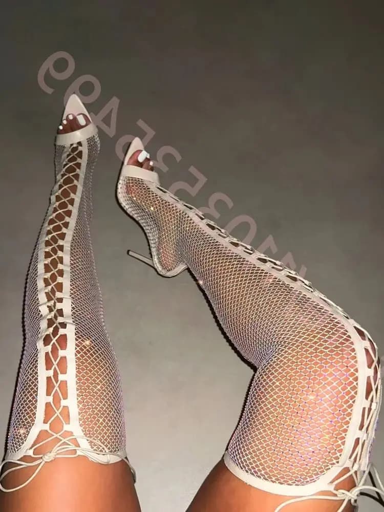 Stivali da donna sexy sopra il ginocchio in rete cava 2025 Estate Nuovi stivali a spillo open-toe Street Fashion Party Stivali da passerella casual