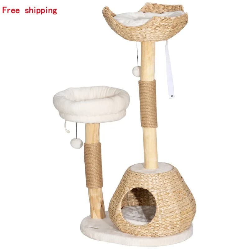 Albero per Gatti Naturale 53x40x103 cm con Tiragraffi in Juta, 2 Cuccette, 2 Palline Giocattolo per Gatti Piccoli Sotto i 4,5 kg