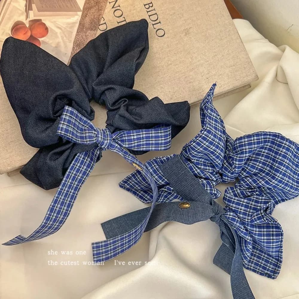 Fascia per Capelli Quadrata in Denim Blu a Quadri, Accessorio Femminile per Capelli, Elastico per Capelli