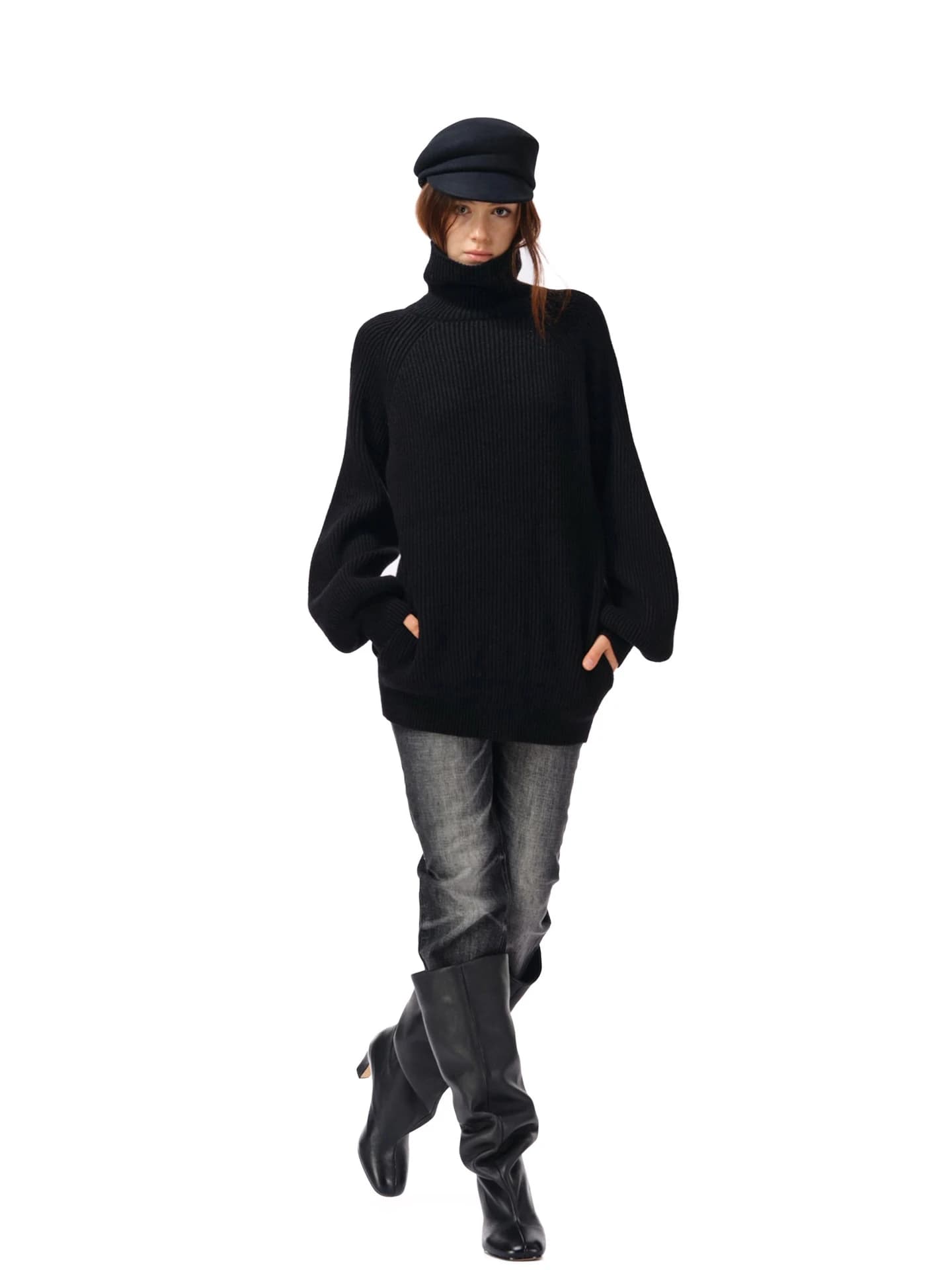 Oversize High Collar Knitted Sweater Women's Autumn Winter Lazy Black Thickened Needle Casual Style with Pocket Medium Length...