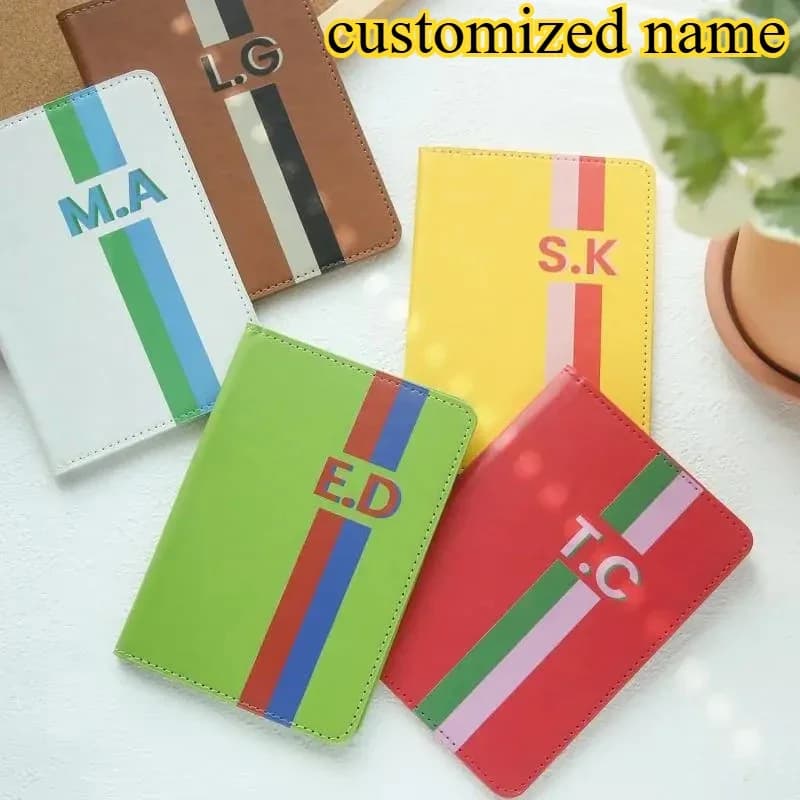 Custom Initals Classical Stripe Passport Holder Bright Monogram with Stripes Faux Leather Passport Cover Travel Accessories
